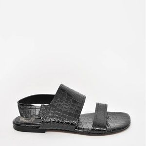 DRIES VAN NOTEN - Black Croc Embossed Flat Double Strap Sandals